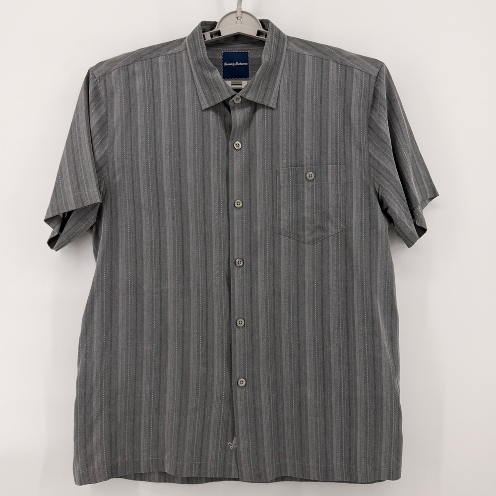 Tommy Bahama Mens Grey 100% Silk Striped Short Sleeve Button Down Shirt XL